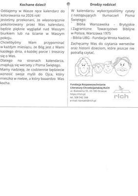 Kalendarz dla dzieci 2026 - do kolorowania