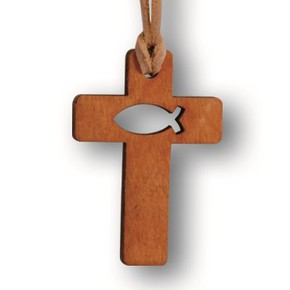 Naszyjnik drewniany krzyż - Rybka 