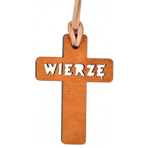 Naszyjnik drewniany krzyż - Wierzę